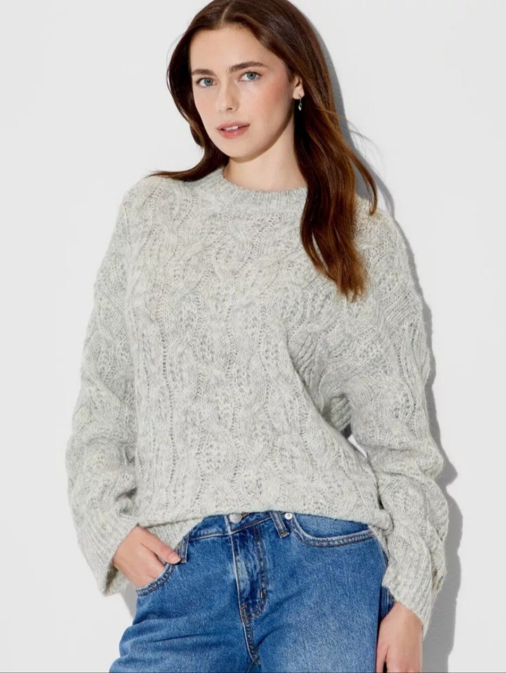 wild fable Light Gray Cable Knit Crewneck Sweater